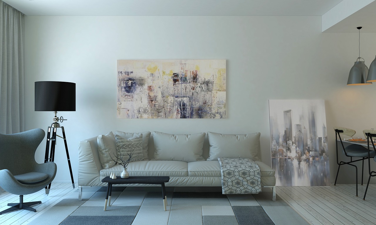 Gezellige woonkamer met lichttherapielamp op tafel. Gezellige woonkamer met lichttherapielamp op tafel.